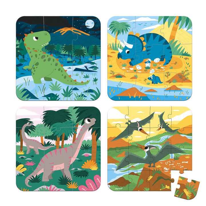 Janod Puzzle dla dziecka Dinozaury 4 układanki 6, 9, 12 i 16 elementów