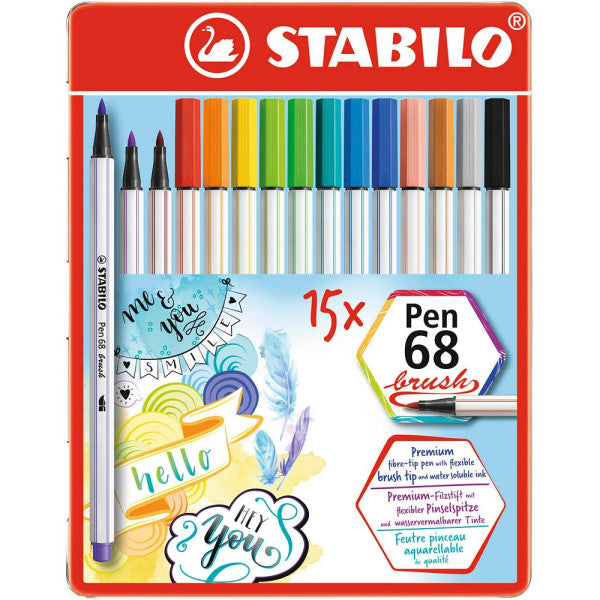 Stabilo Flamastry Pen 68 brush etui metalowe 15 kolorów