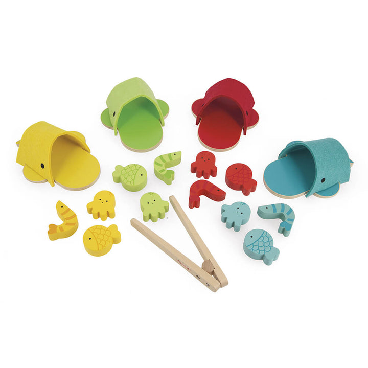 Janod Sorter dla dziecka drewniana zabawka Wieloryby kolory